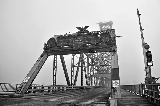 Plaque, World War Memorial Bridge, Fog; Portsmouth, NH