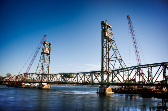 View from the West, Memorial Bridge Demolition Preparation; Portsmouth, NH