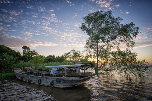 Mekong River Boat At Sunset; My Tho, Vietnam