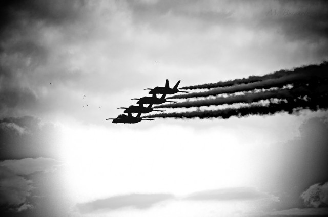 Shadowed Blue Angels in Formation